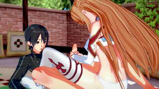 Kirito anapata blowjob kutoka Asuna, basi fucks bidii yake juu ya kitanda.